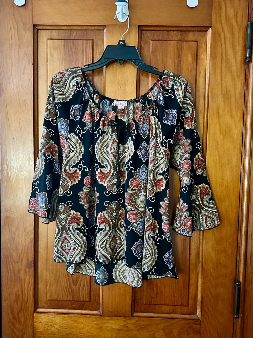 Boho Paisley Tie-Front Peasant Blouse - Black Multi
